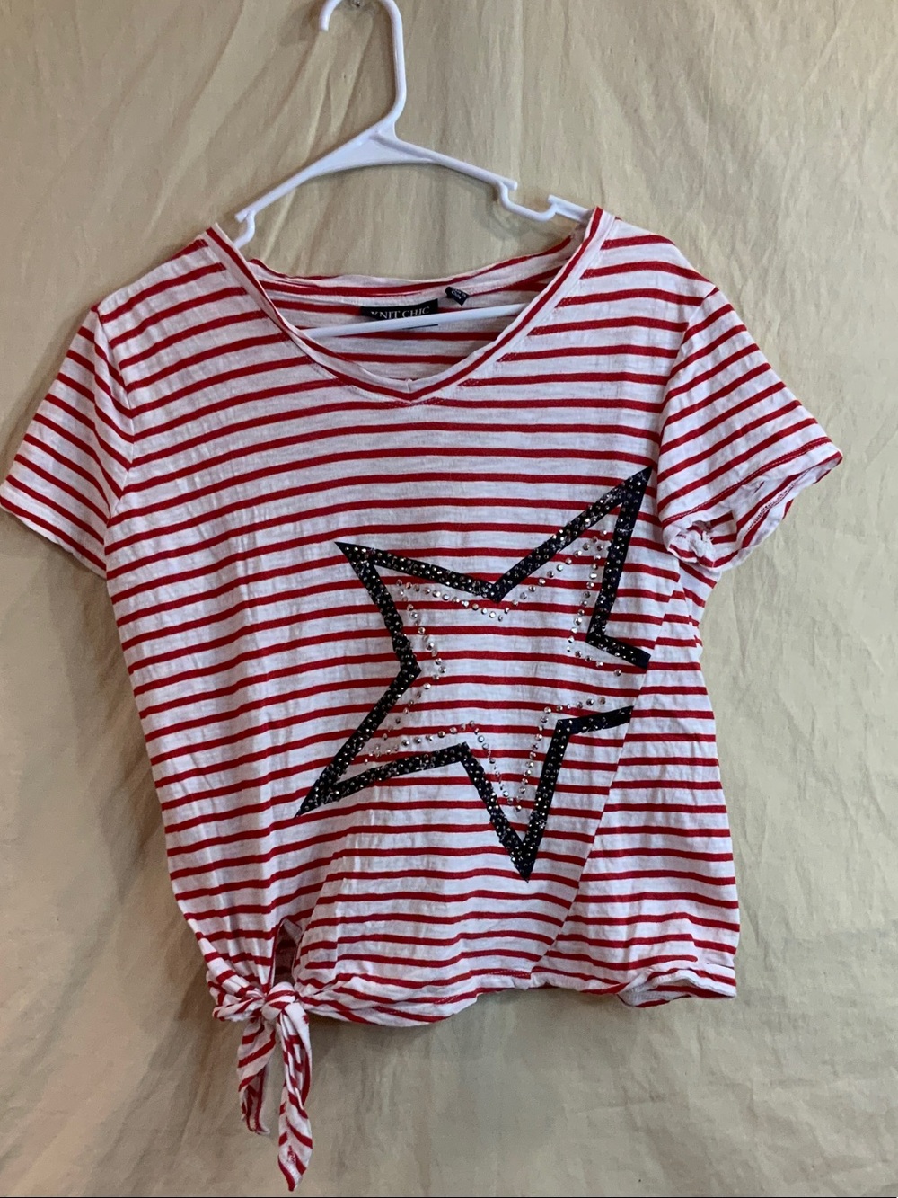 Striped Red & White Tie-Hem Tee with Navy Studded Star